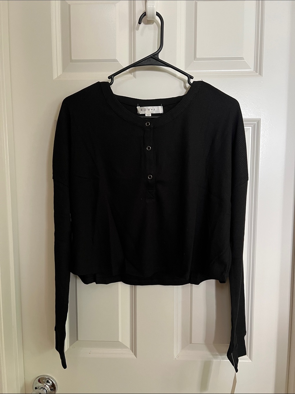 ROW A Black Long-Sleeve Ribbed Henley Crop Top
